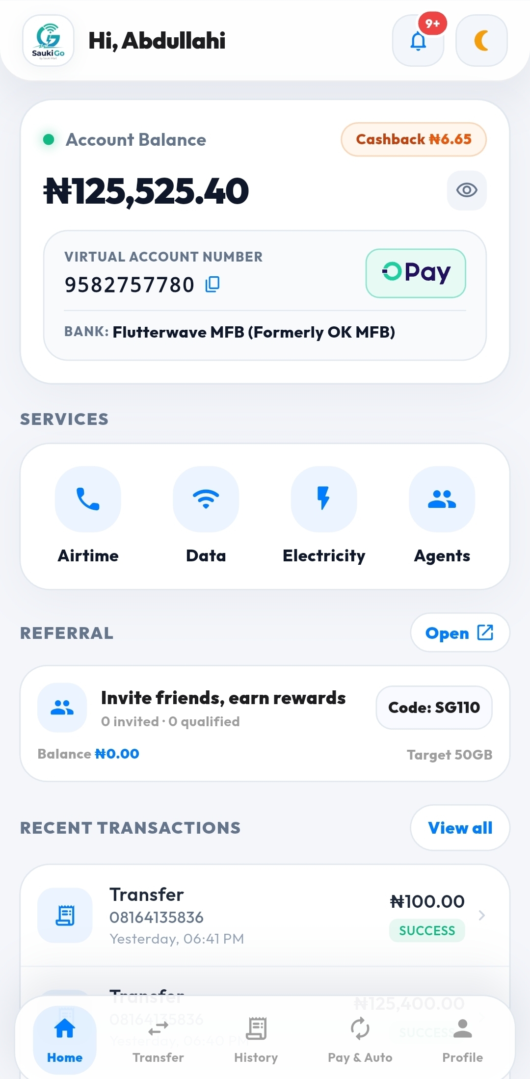 Sauki Go Mobile Dashboard